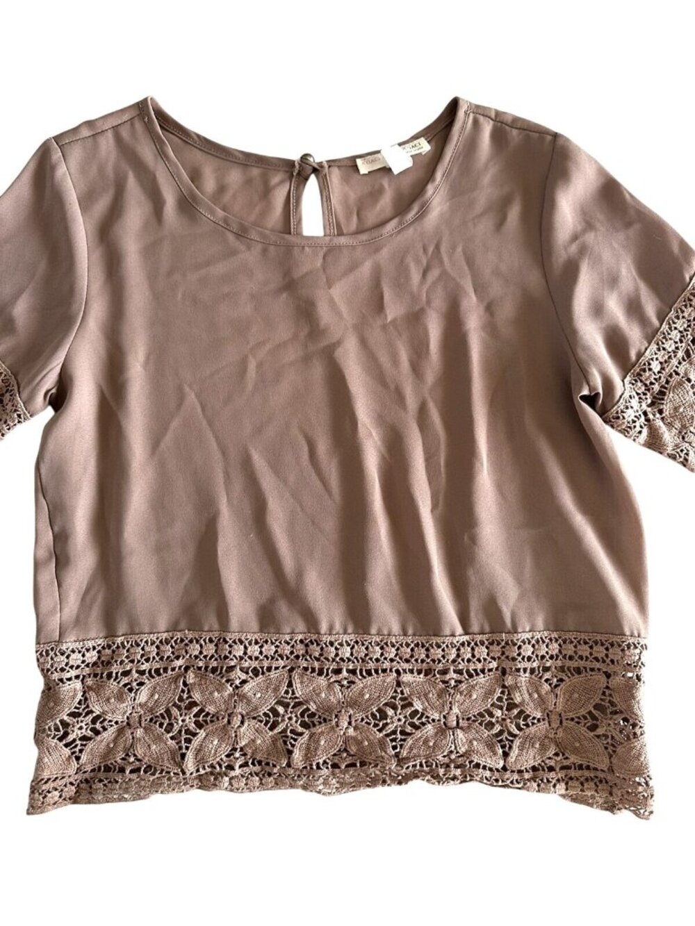 Acacia Acacia Lace Trim Short Sleeve Blouse With Keyhole Back Brown Beige Size S